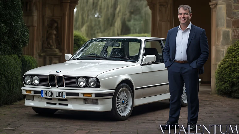 Tailored confidence shares the driveway with classic BMW charm