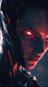 Fierce cybernetic warrior gazes ahead with glowing resolve