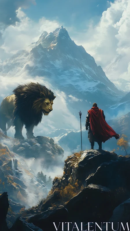 Mountain guardian lion facing caped wanderer in misty highlands.