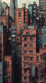Dense brick apartment blocks with urban rooftop details.