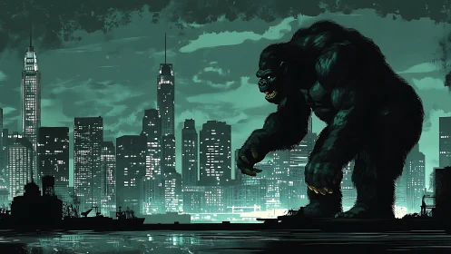 Midnight city skyline greets a towering gentle giant ape