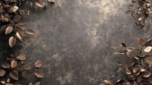 Metallic foliage branches frame textured concrete background plane