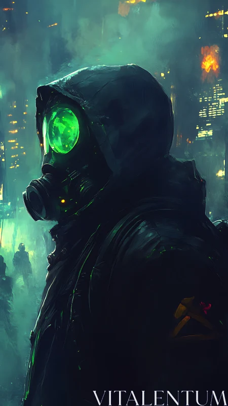 Figure in hooded gas mask stands amid illuminated city haze