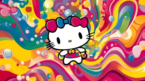 Flat-shaded cartoon cat over high-saturation multicolor fluid field