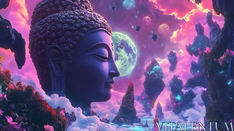 Cosmic Buddha head dominates neon dreamscape sky. Period.