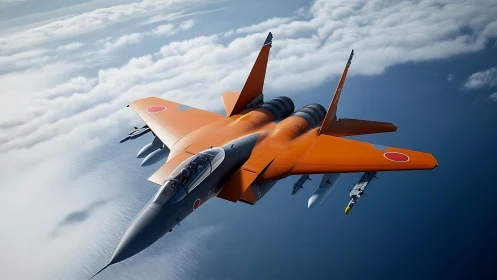 Bright orange jet soars confidently above soft rolling clouds