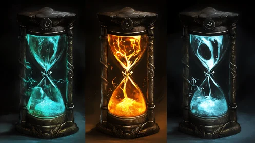 Triptych of elemental hourglasses with liquid-like contents.
