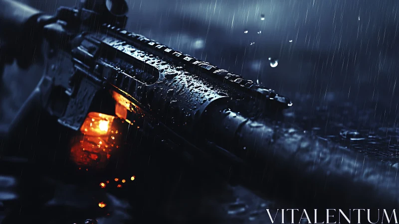 Rain-soaked rifle smolders through storm-slashed midnight