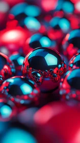 Chromed reflective spheres in dense red and cyan cluster.