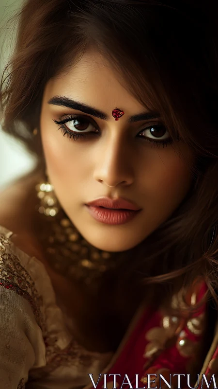 Portrait with jeweled bindi and warm golden tones.