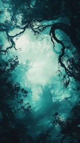 Ethereal Forest Canopy: Teal Luminescence Through Twisted Woodland Architecture.