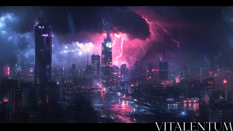 Nocturnal megacity skyline under storm and lightning.