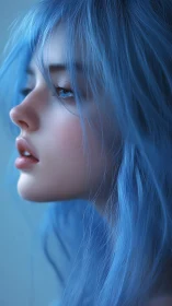Side profile portrait of blue haired digital woman.