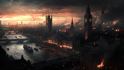 London riverside skyline is depicted under widespread fires