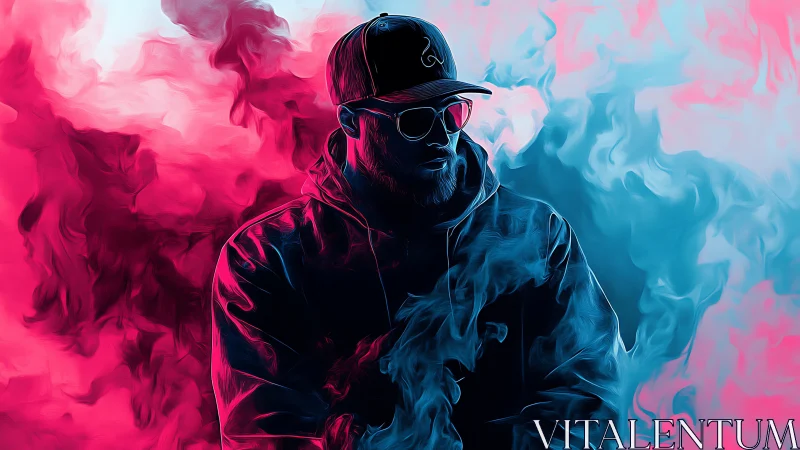 Neon-lit hooded figure emerging through pink and cyan smoke.