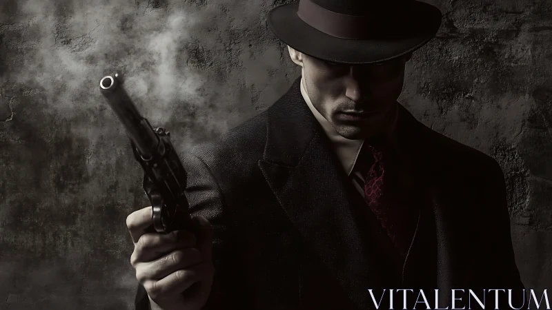 Noir gunman in fedora aims pistol under dramatic low-key lighting