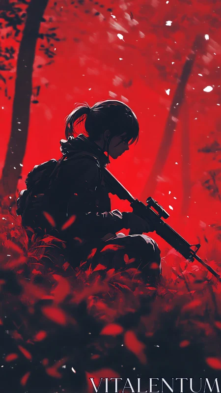 Scarlet forest sentinel in contemplative combat silence.