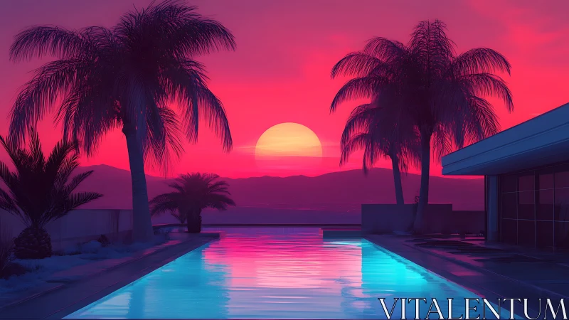 Neon sunset oasis over a mirror-slick tropical poolscape.