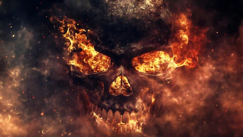 Flaming skull erupts from swirling smoke in infernal darkness