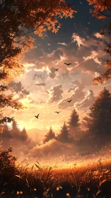 Golden autumn meadow under radiant sunset sky panorama.