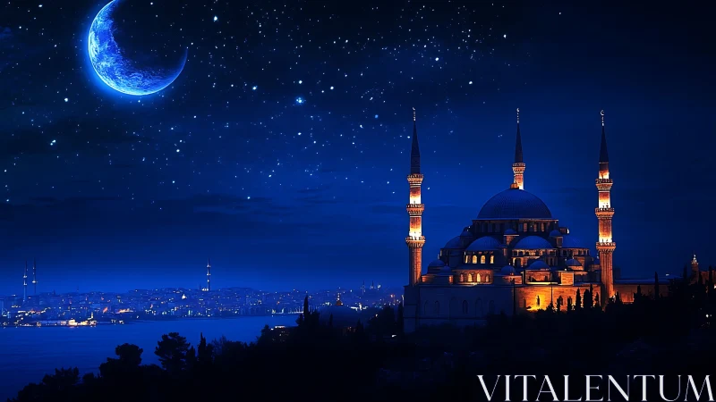 Moonlit blue mosque skyline under star-filled night sky