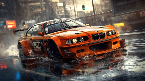 Orange BMW race car cornering in wet urban street under heavy rain