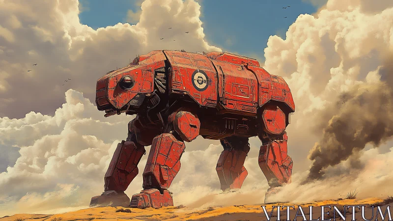 Red quadruped combat mech walking across dry desert plain.