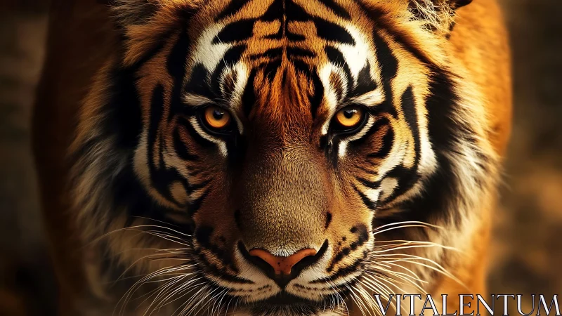 Front-facing tiger portrait with intense bilateral symmetry