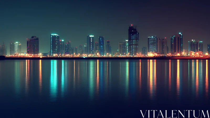 Neon-lit harbor skyline shimmers across calm midnight water