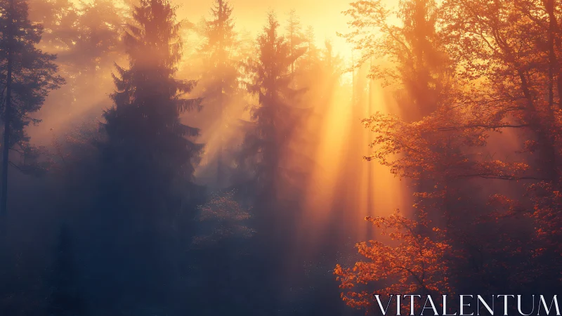 Backlit autumn forest canopy with volumetric sunrise light beams