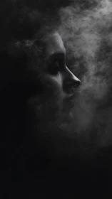 Profile portrait emerges through swirling monochrome smoke.