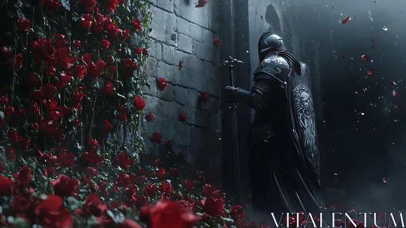 Armored knight stands by stone wall amid dense red roses