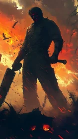 Chainsaw dusk guardian stalks through a burning nightmare sky.