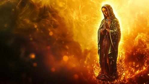 Glowing Marian statue rendered in high-contrast golden nebular light