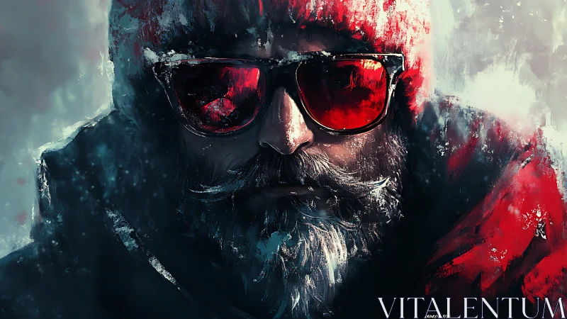 Bearded figure in red hood and glasses in icy setting.