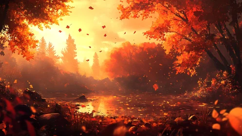 Radiant volumetric sunset over autumnal forest river basin.