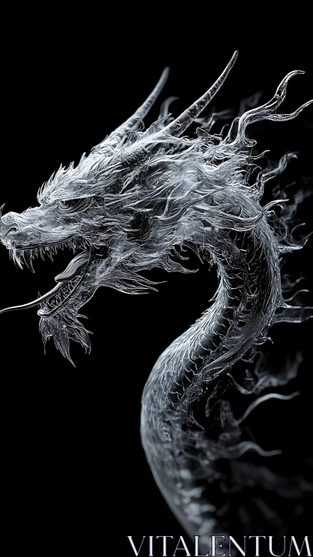 Translucent glass dragon coiled in stark void space.