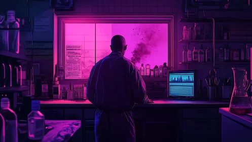 Solitary lab researcher facing neon pink experiment window.