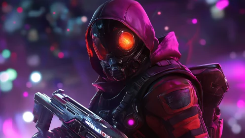 Cyberpunk sniper with neon visor in glowing city haze.