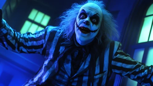 Chromatic ghost-clown portrait in high-contrast blue lighting.