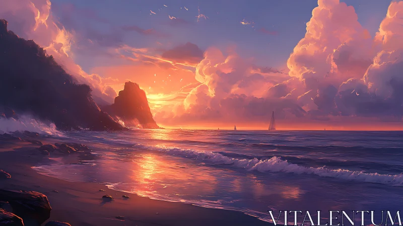 Sunset light reflects over coastal waves and distant cliffs