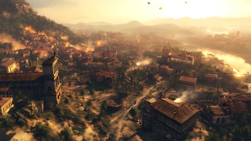 Sunlit ancient river metropolis under systematic bombardment.