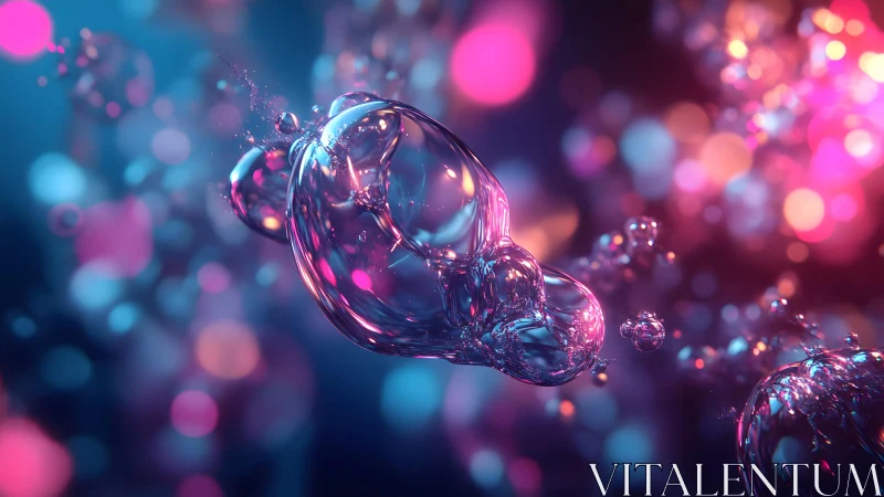 Iridescent soap bubbles floating in vibrant bokeh lighting, digital art.