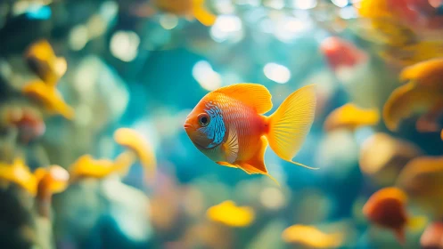 Orange reef fish in softly blurred underwater scene.