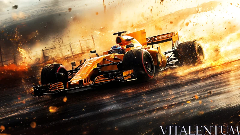 Dynamic orange F1 racer in high-impact motion blur composition.