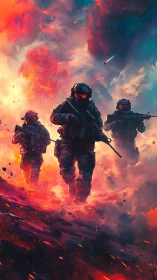 Armored soldiers advance through burning sci fi battlefield