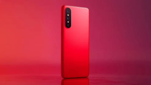 Red smartphone rear view against gradient pink backdrop.
