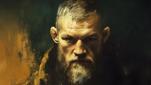 Battle-scarred warrior portrait under dramatic shadow light.