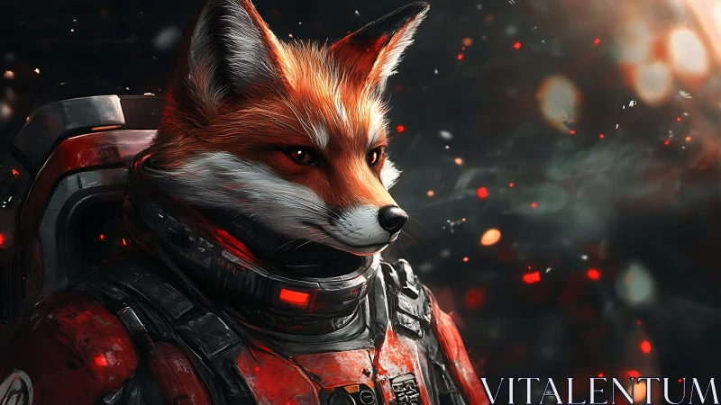 Fox astronaut draped in embers and starlit smoke armor.