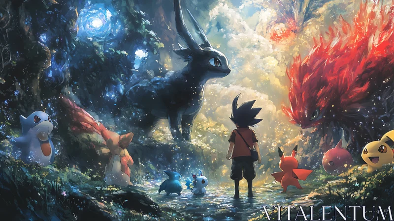 Child confronts elemental creatures inside glowing forest path